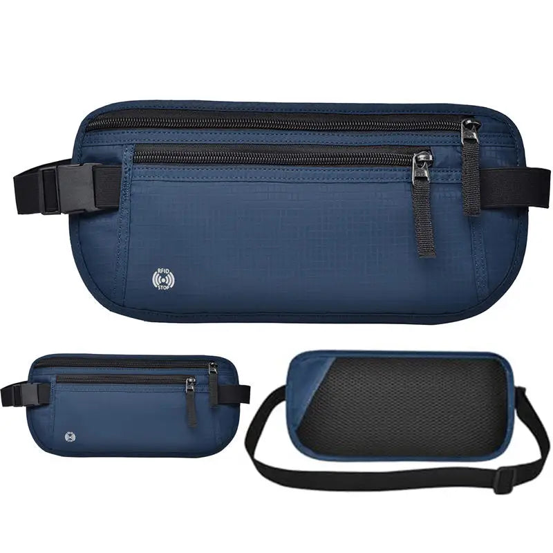 Bolsa para dinero con bloqueo RFID de color azul marino, mostrada en tres vistas.
