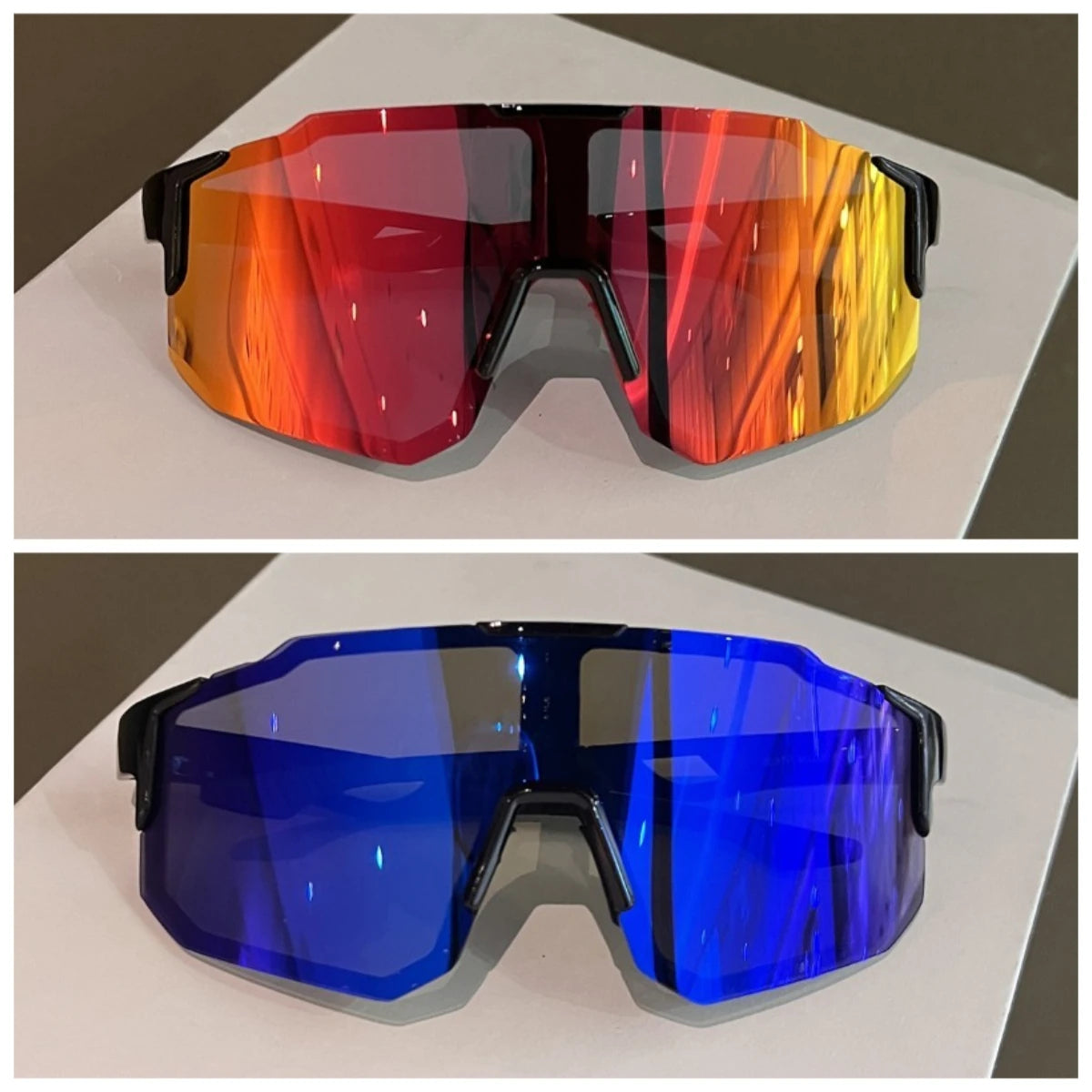 Un par de gafas de ciclismo UV400 con lente de gradiente naranja y rojo vibrante.