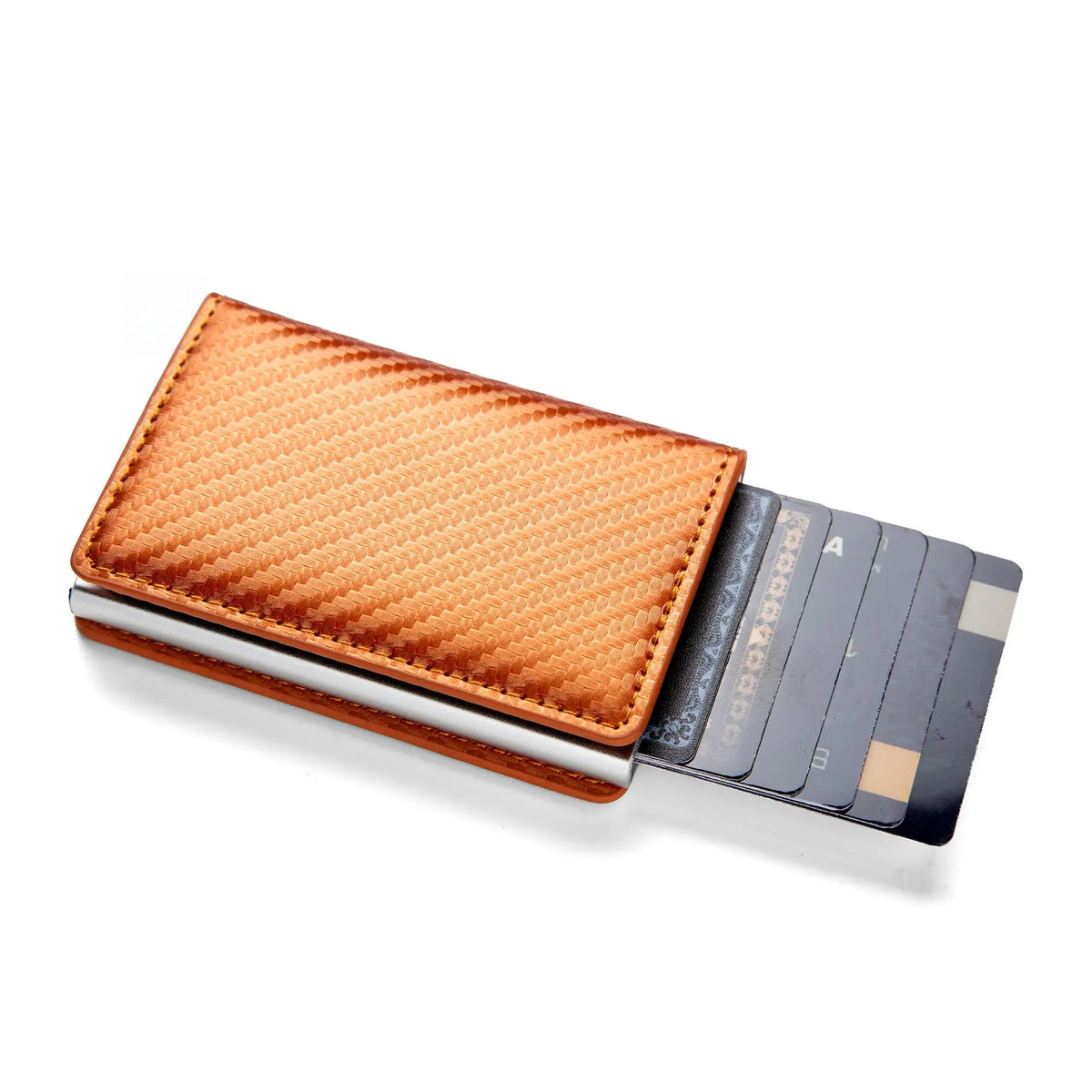 A minimalist wallet with a textured orange leather cover and a black card slot.