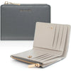 A light beige slim bi-fold wallet with a textured finish and gold-toned hardware.
