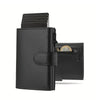 A black men's pop-up wallet with RFID protection showing multiple cards and cash inside.