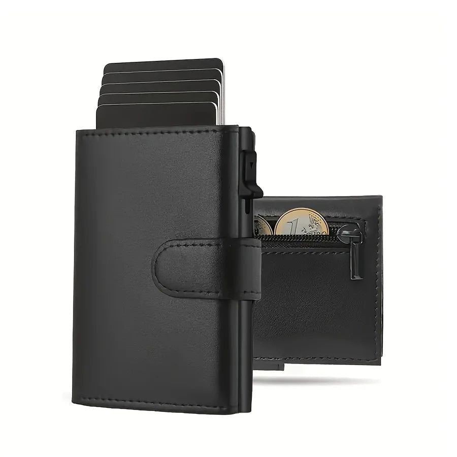 A black men's pop-up wallet with RFID protection showing multiple cards and cash inside.