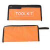 An orange tool kit organizer bag with a black trim and the word TOOLKIT printed on the front.