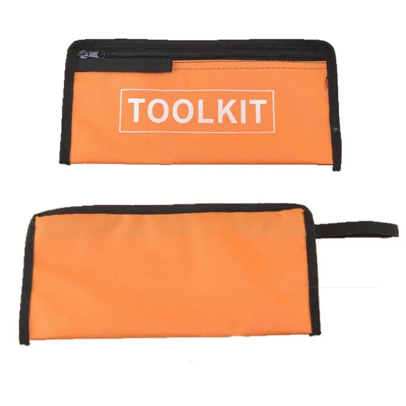 An orange tool kit organizer bag with a black trim and the word TOOLKIT printed on the front.