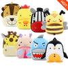 A collection of cartoon animal plush backpacks featuring a tiger, a yellow bear, a zebra, a bee, and an owl.