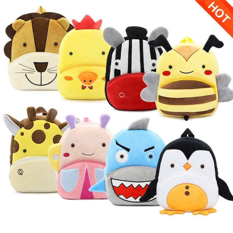 A collection of cartoon animal plush backpacks featuring a tiger, a yellow bear, a zebra, a bee, and an owl.