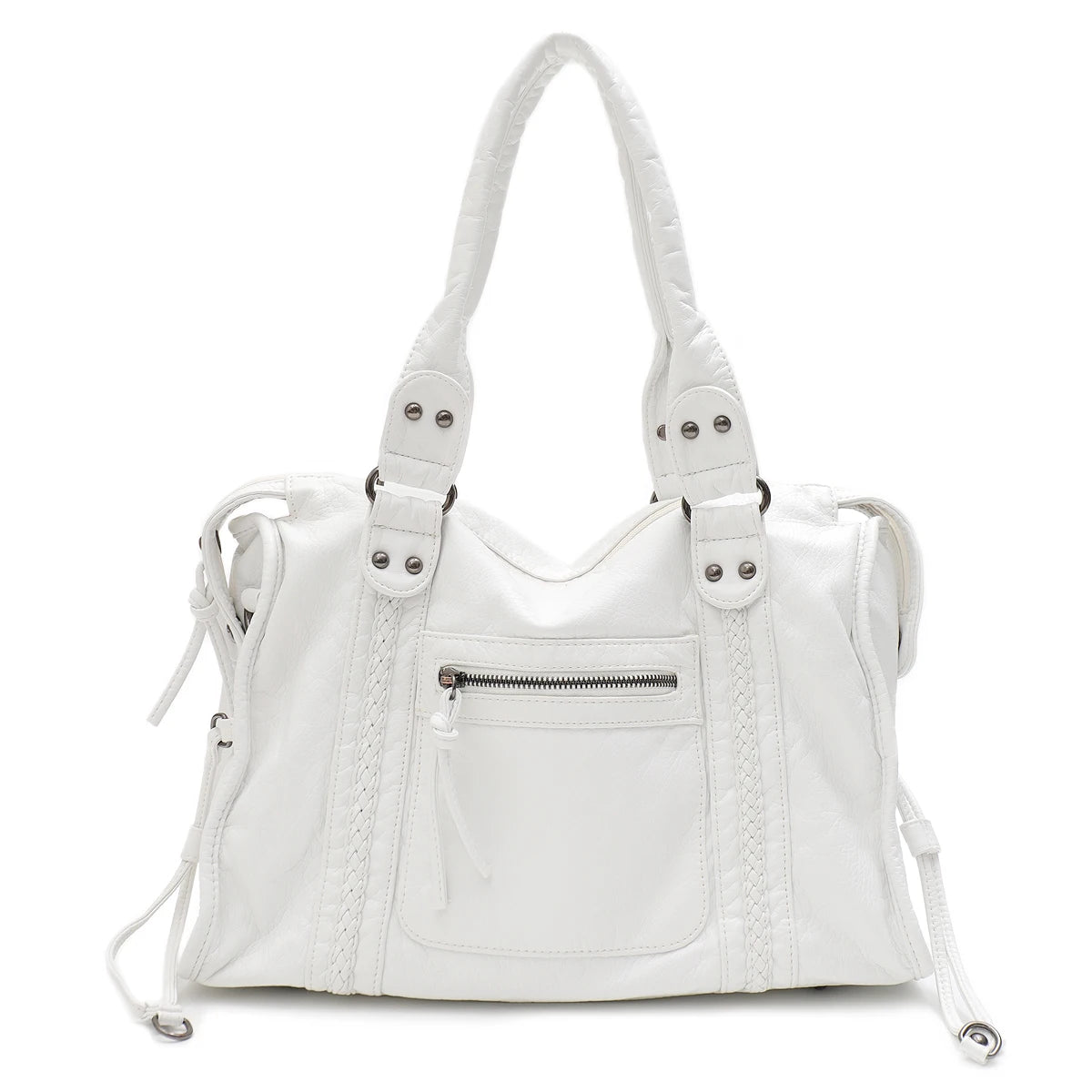 Weiße Vintage-Leder-Totebag mit mehreren Reißverschlusstaschen.