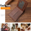 Brown leather bifold wallet shown on a wooden surface with lifestyle shots illustrating gift, commuting, and dating uses.