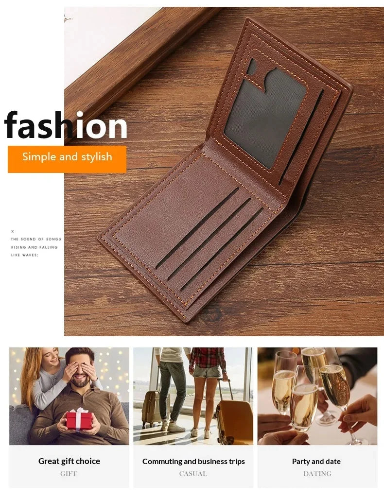 Brown leather bifold wallet shown on a wooden surface with lifestyle shots illustrating gift, commuting, and dating uses.