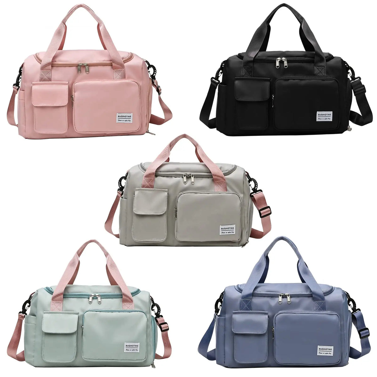 Eine Kollektion von vier wasserdichten Canvas-Duffeltaschen in rosa, schwarz, beige und blau.
