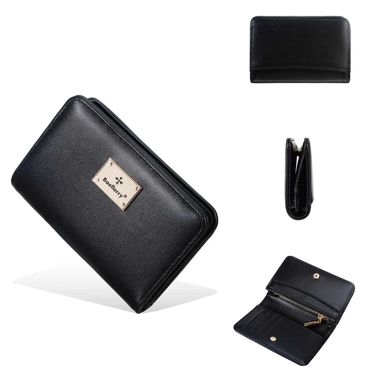 Schwarzes multifunktionales Leder-Kartenetui in verschiedenen Formen, darunter eine Clutch und eine gefaltete Geldbörse.