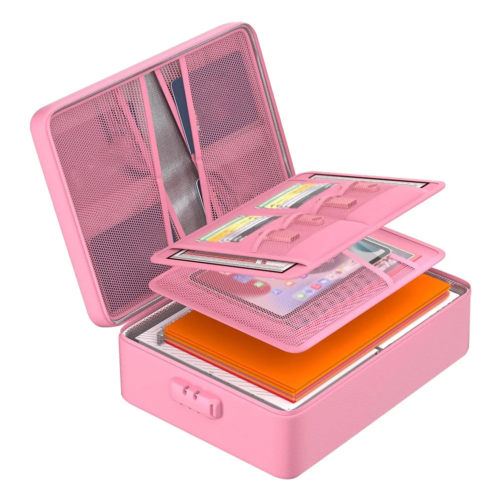 A pink fireproof multi-layer document organizer box with a mesh lid and an orange insert.