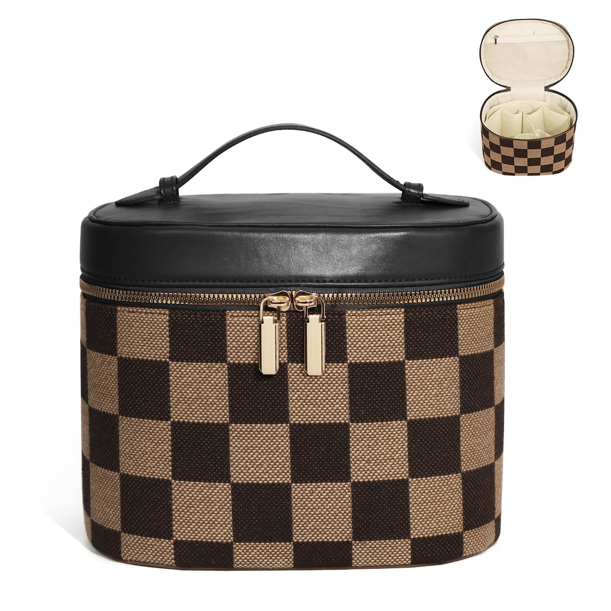 Bolso de cosméticos negro con patrón de tablero de ajedrez marrón y negro, con herrajes dorados.