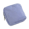 A blue and white striped seersucker multi-functional storage pouch.