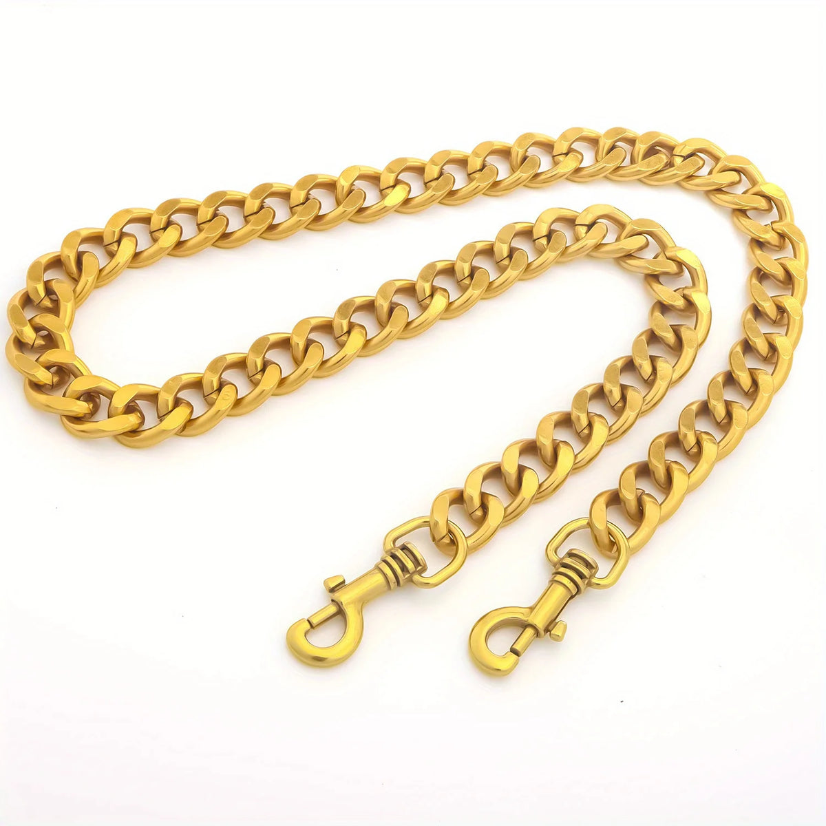 A thick gold-colored metal purse chain replacement strap laid out on a white background.