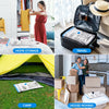 A collection of storage solutions including a red dress, a vacuum pump kit, a yellow tent, and moving boxes.