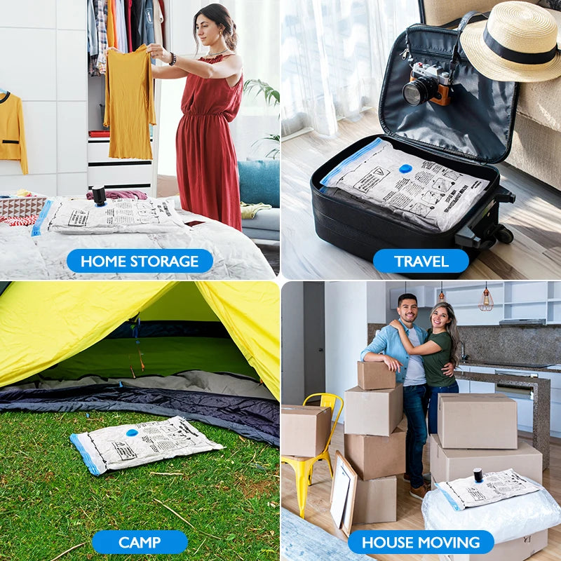 A collection of storage solutions including a red dress, a vacuum pump kit, a yellow tent, and moving boxes.