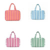 Tres bolsas de tocador de tela a rayas en colores rosa, azul y magenta.