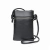 A black compact PU leather crossbody bag with a zipper and leather strap.