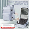 A light gray multi-functional vacuum bag backpack with a manual vacuum pump shown next to the product.