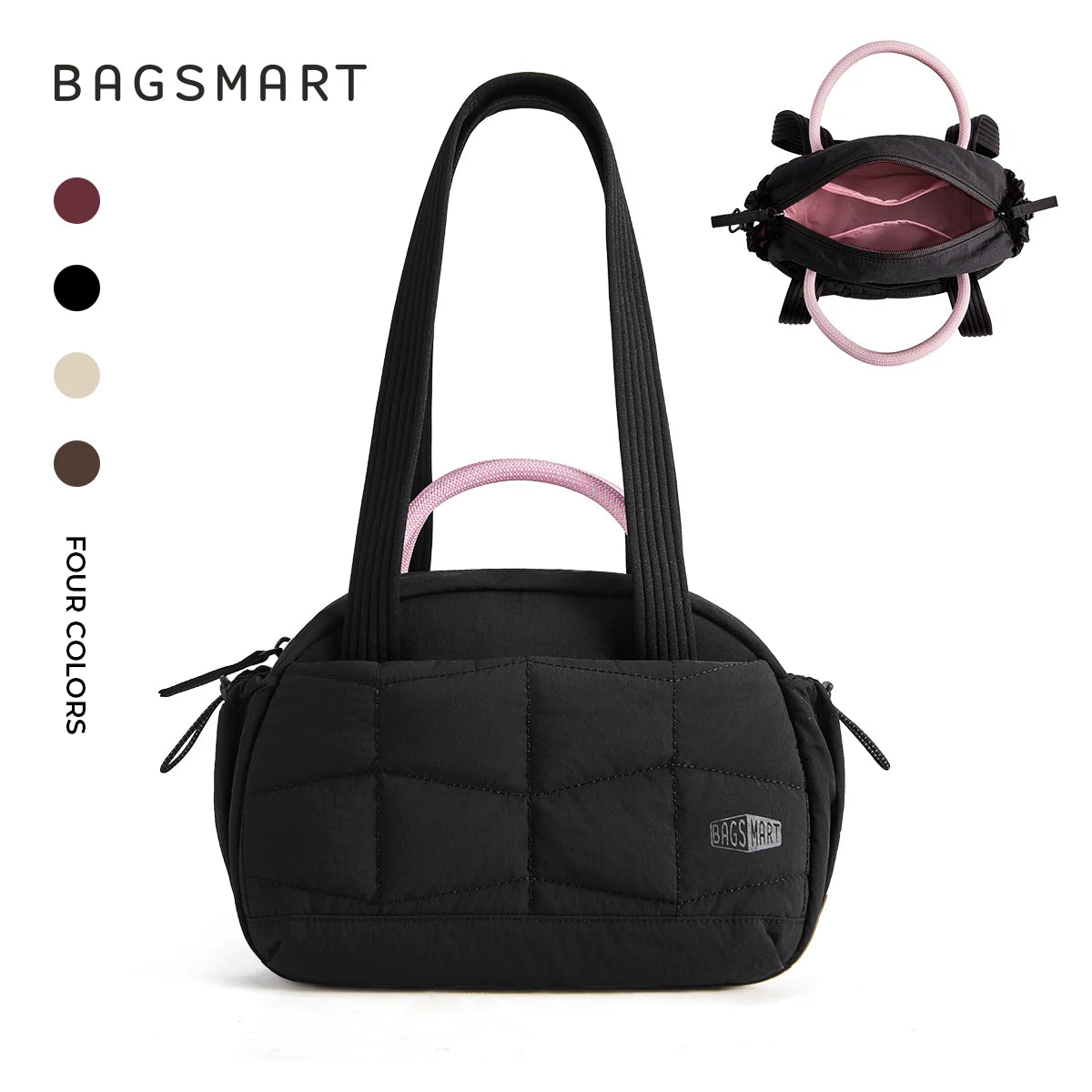 Bolso acolchado negro de abrigo con correa rosa y cierre de cordón