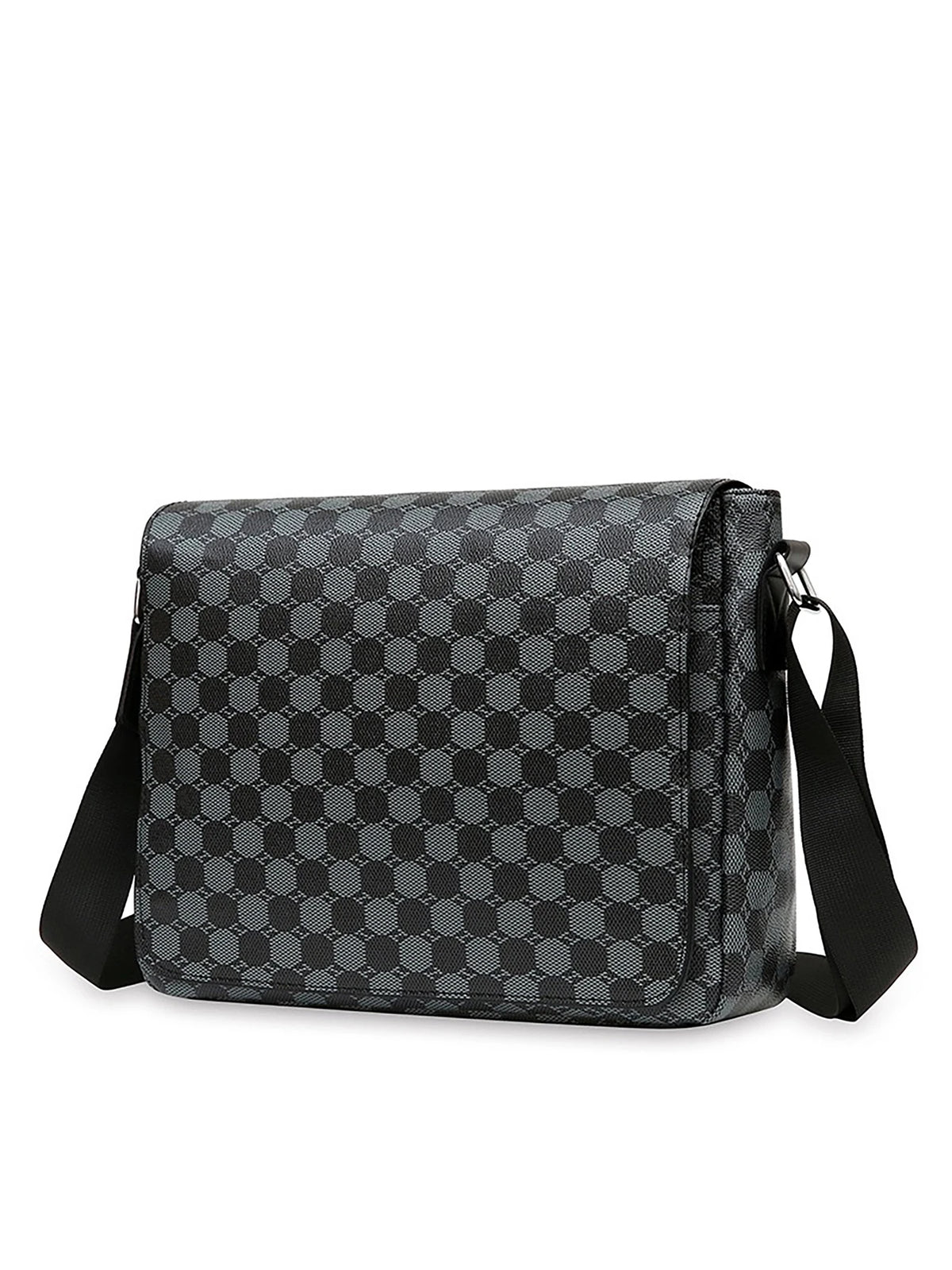 A dark gray plaid crossbody shoulder bag with black straps.