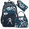 A dark blue and white sports backpack with a black rain cover featuring a soccer player graphic.