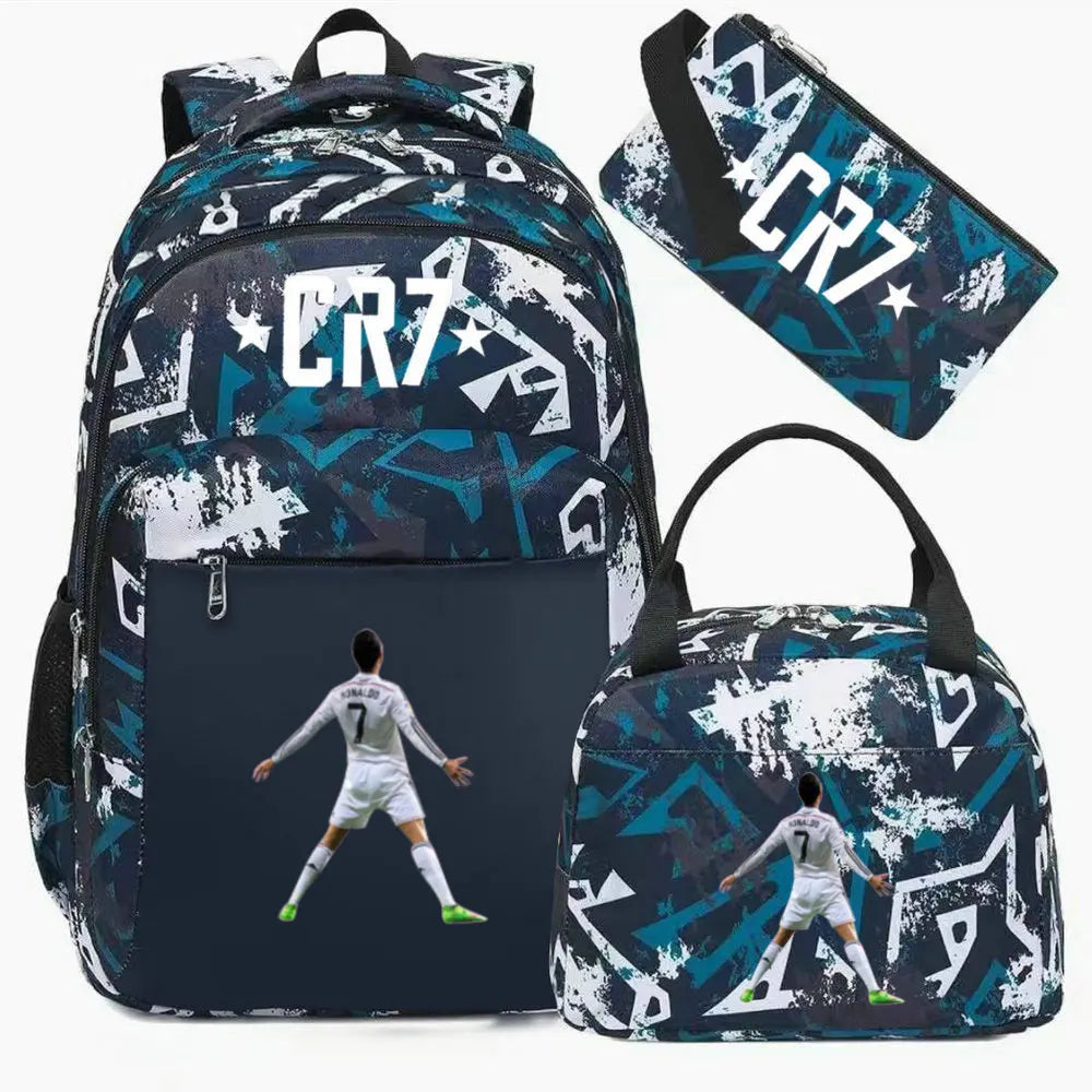 A dark blue and white sports backpack with a black rain cover featuring a soccer player graphic.
