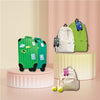 A green suitcase with multiple luggage tags is displayed on a pink stand next to a white backpack.