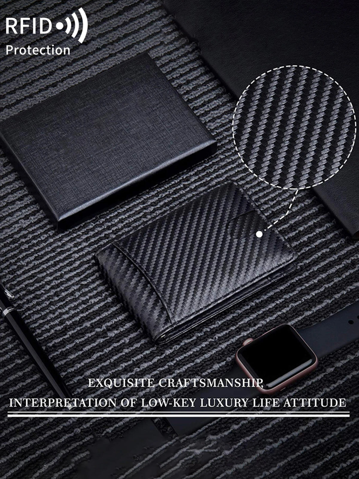 A black RFID protection wallet featuring a carbon fiber texture, displayed on a dark fabric background.