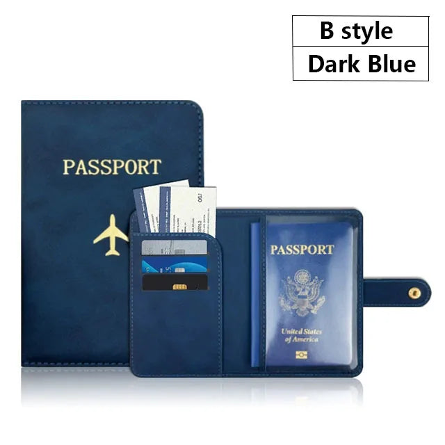 A dark blue B style passport and ID holder cover featuring a leather wallet and several identification cards.