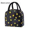 Sac à lunch en tissu Oxford noir citron avec motifs de citrons jaunes
