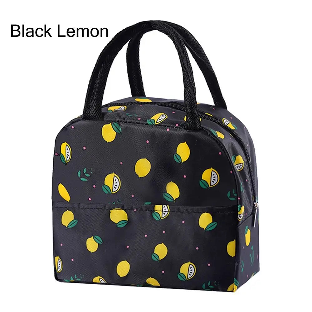 Sac à lunch en tissu Oxford noir citron avec motifs de citrons jaunes