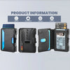 A black slim metal wallet with a clear card slot and RFID blocking features shown in various views.
