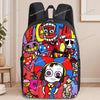 A black backpack featuring an anime-style print with colorful characters and designs.