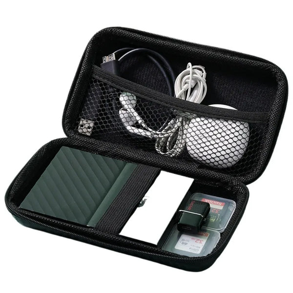 A black durable waterproof cable organizer pouch with multiple compartments for storing and protecting cables and accessories