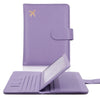 A purple PU leather passport holder with credit card slots shown open and closed.