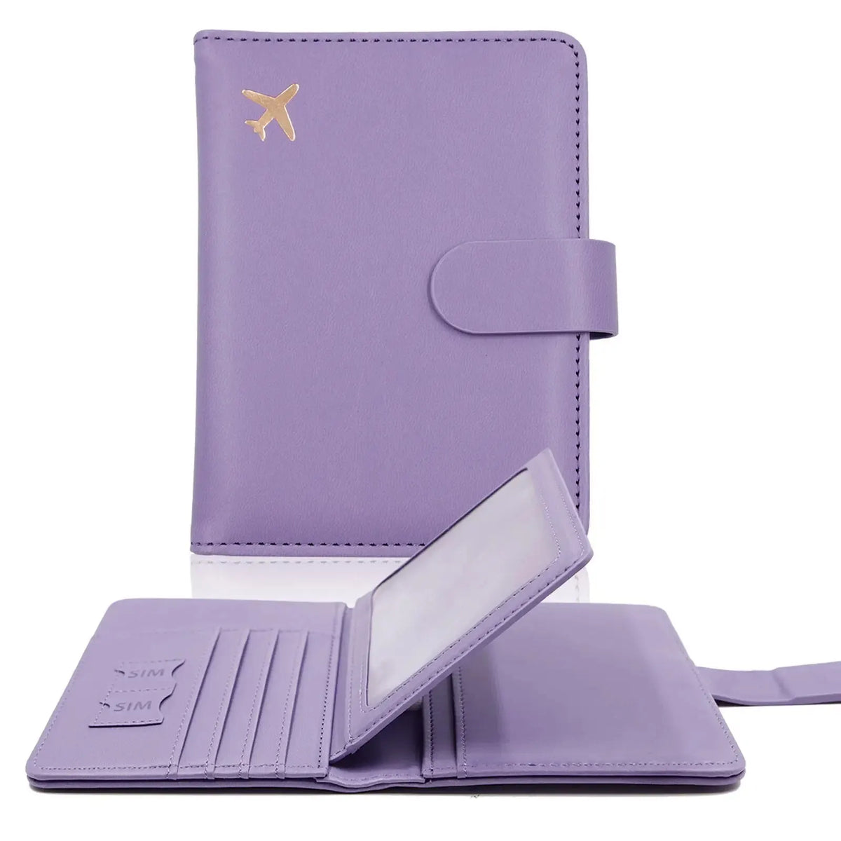A purple PU leather passport holder with credit card slots shown open and closed.