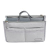 A light gray handbag organizer insert with a zipper and two internal pockets.