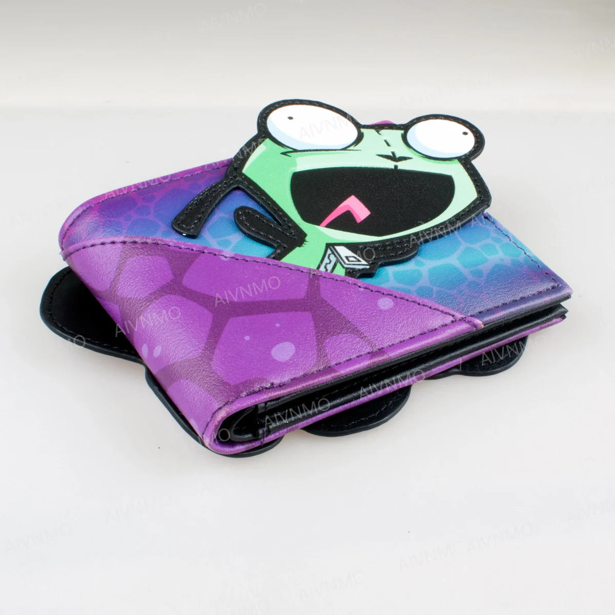 Porta tarjetas cartera de tarjeta con estampado de rana morada y verde.
