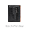 Black bifold wallet with a carbon fiber pattern and an orange accent stitching.