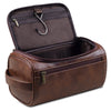 Braune Vintage-PU-Leder-Toiletrytasche mit Klappdeckel und Hängeorganizer im Inneren.