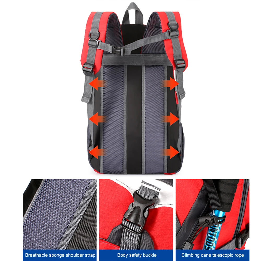 Red and black hiking backpack with breathable sponge shoulder straps and safety buckles