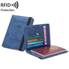 A dark blue premium PU leather travel passport holder with various document slots and a charm