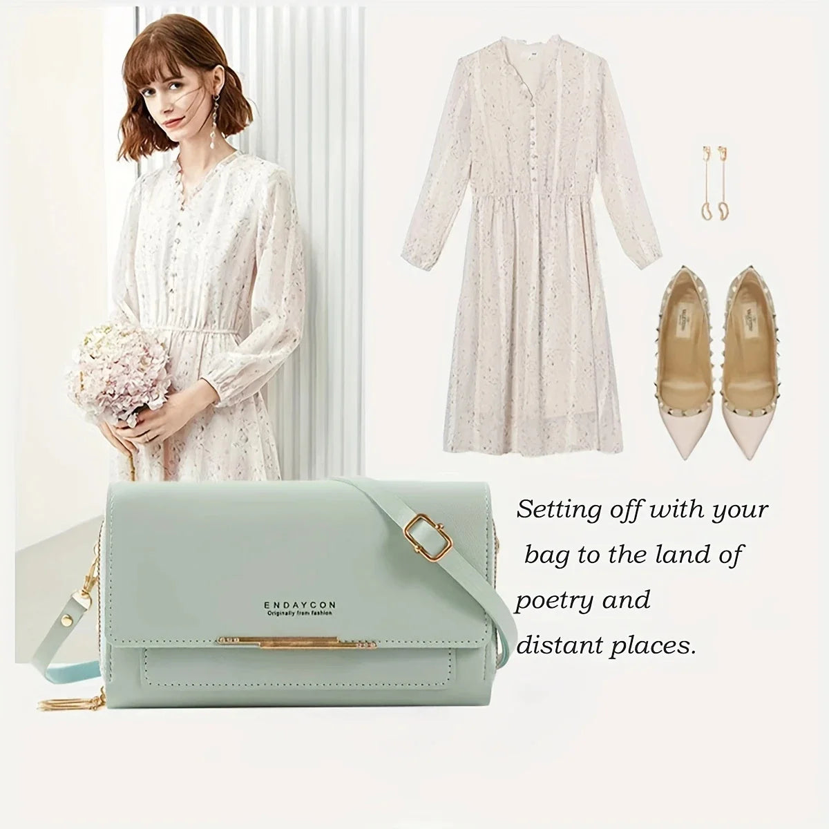 A light mint green women's multi-card shoulder wallet displayed next to a woman wearing a white floral dress.