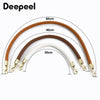 A curved leather strap product showing various lengths and metal buckles for replacement bag handles.