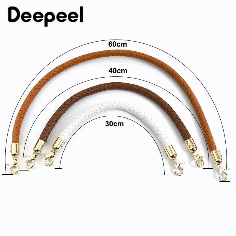 A curved leather strap product showing various lengths and metal buckles for replacement bag handles.