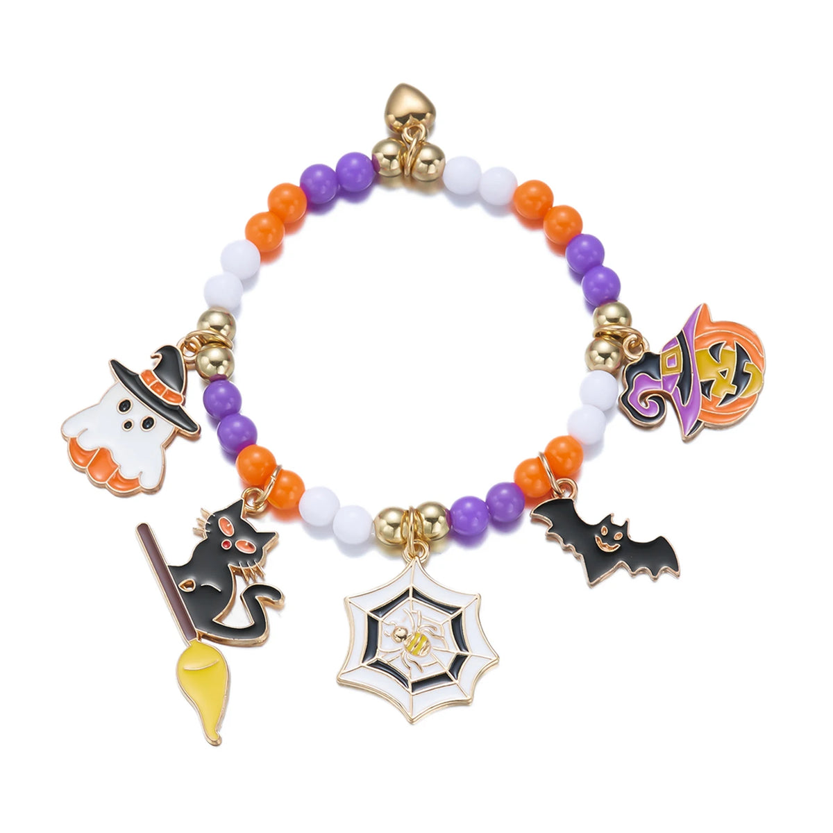 A bracelet featuring various charms including a ghost, bat, and pumpkin on beaded strands.