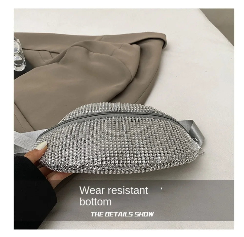 A silver rhinestone-embellished crossbody waist bag is shown next to a taupe blazer.