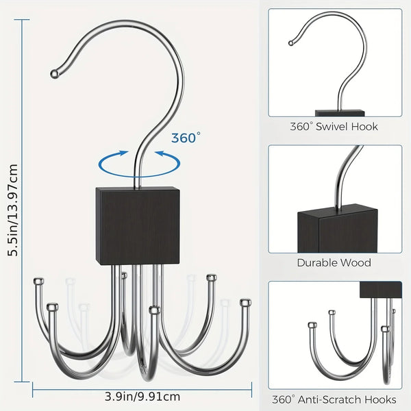 A set of multi-functional rotating storage hooks featuring a 360 degree swivel hook and durable wood components.
